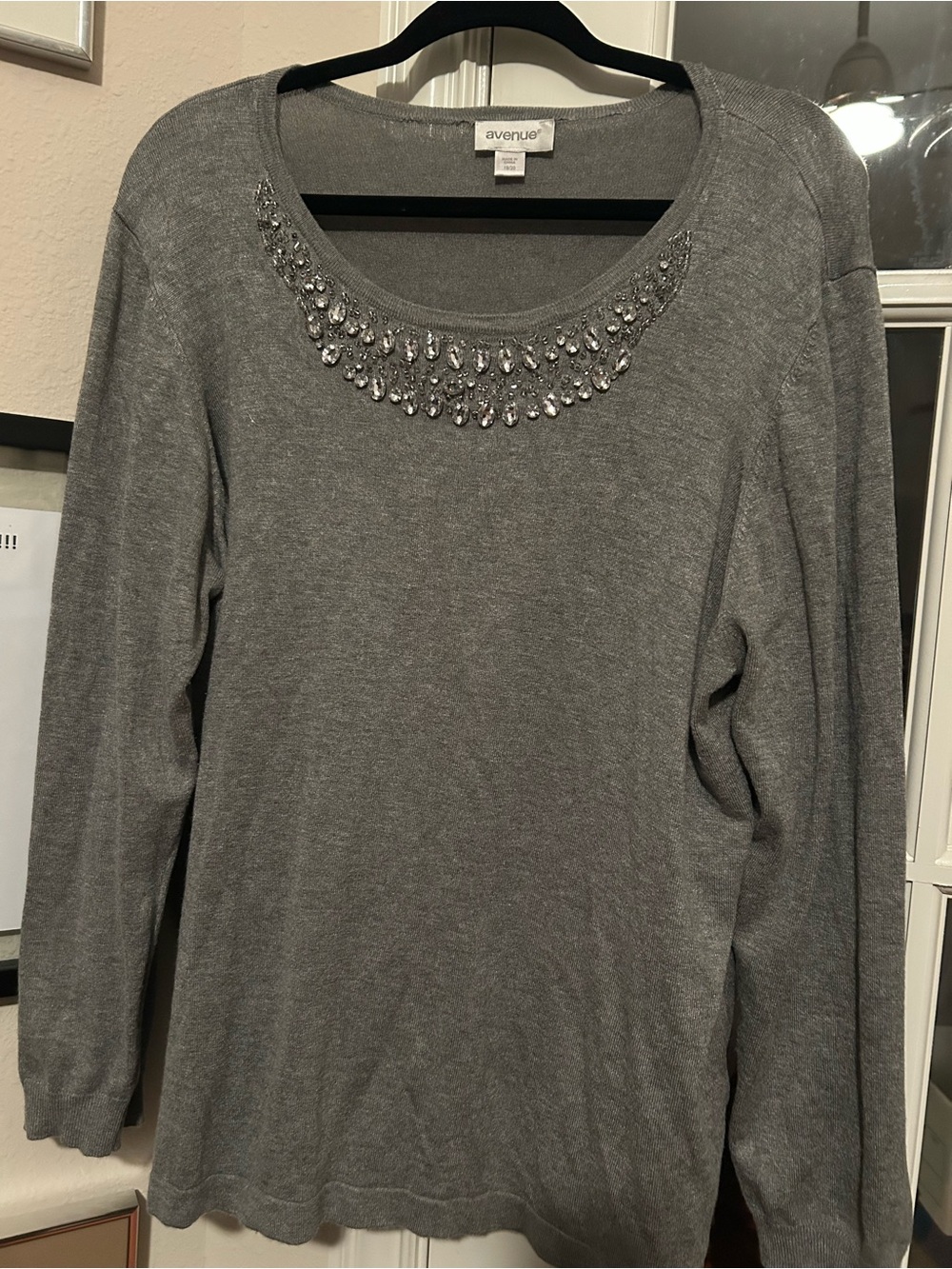 Avenue Women's Gray Embellished Scoop Neck Sweater